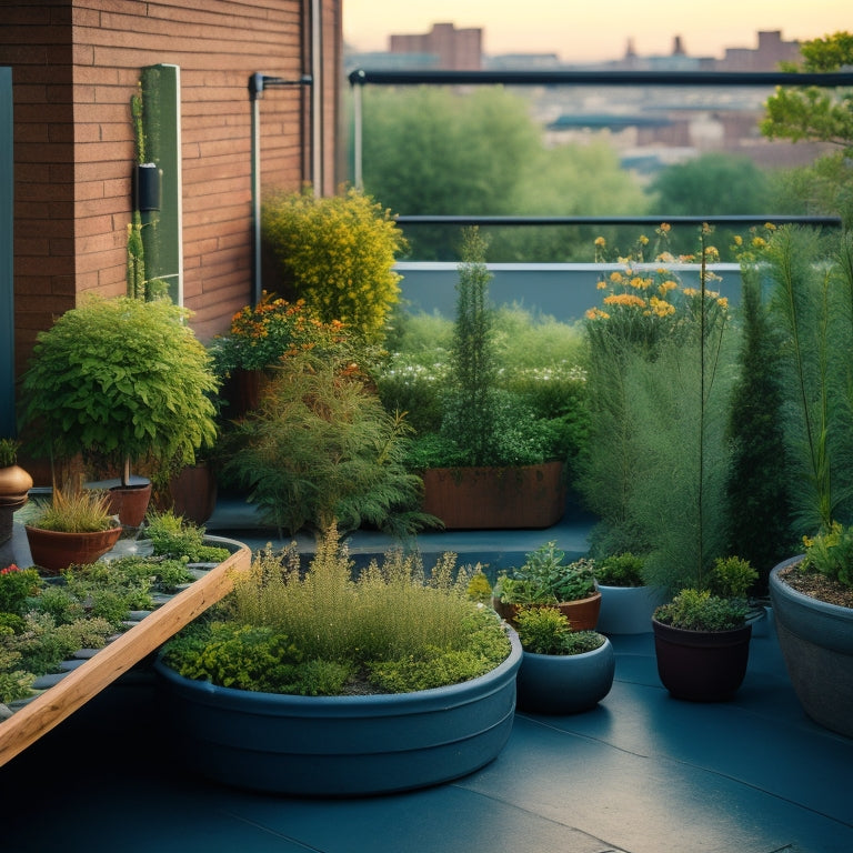 A serene rooftop garden with lush, vibrant herbs and a subtle mist, showcasing a rainwater irrigation system with slender pipes, gentle drips, and a small, sleek water tank.