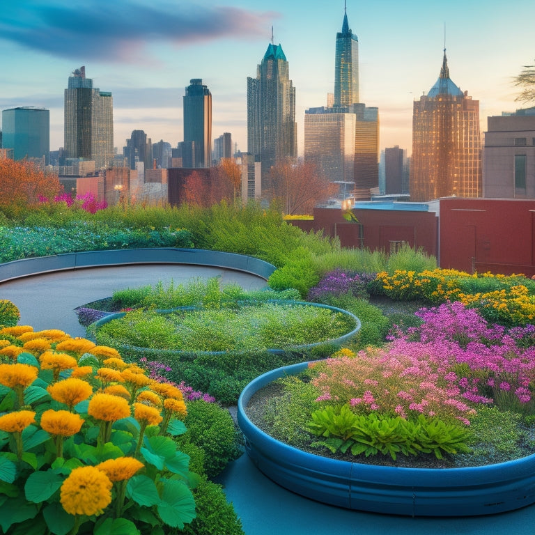 A serene rooftop garden with lush greenery and vibrant flowers, featuring a network of thin, curved irrigation pipes and small, spherical sprinkler heads amidst a backdrop of sleek, modern skyscrapers.