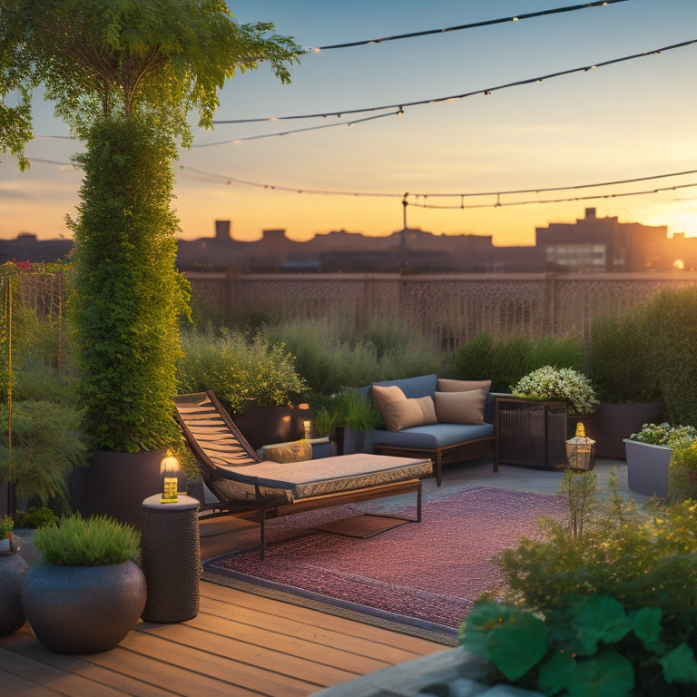 A serene rooftop garden scene at sunset, with thriving greenery in raised beds and planters, a trellis with climbing vines, and a small seating area with a hammock and lanterns.
