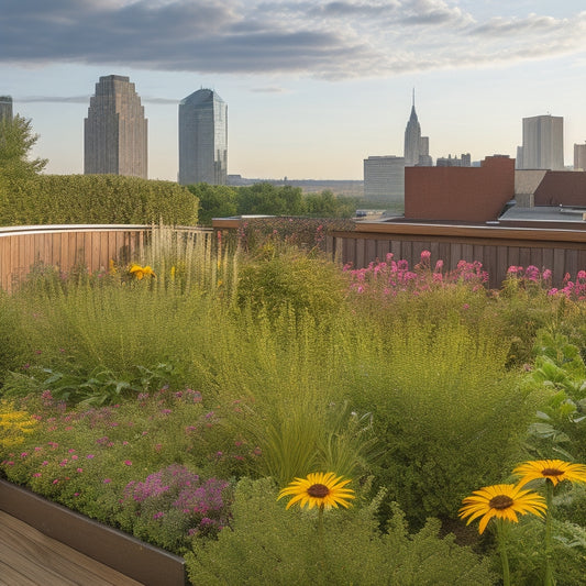 A serene rooftop garden scene with a mix of native plants in bloom, such as coneflowers, black-eyed susans, and ornamental grasses, in planters and beds, surrounded by a wooden trellis and cityscape views.