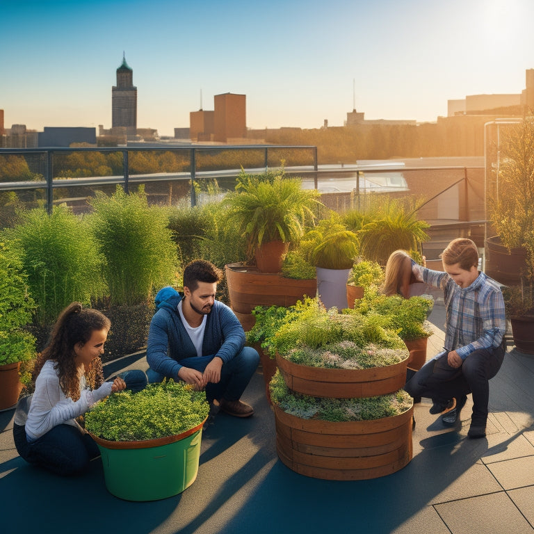 A vibrant, sun-lit rooftop with a mix of lush green plants, tiered planters, and hydroponic systems, surrounded by students of diverse ages and abilities, engaged in hands-on learning activities.