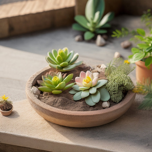 A stylized, overhead shot of a DIY concrete planter on a rustic wooden table, surrounded by desert plants with wispy leaves and vibrant flowers, against a warm beige background.