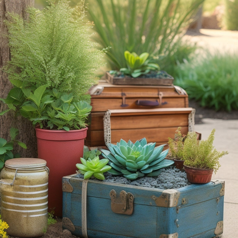 A whimsical outdoor setting featuring a mix of repurposed and upcycled DIY planters, including a wooden pallet planter, a mason jar herb garden, and a vintage suitcase succulent arrangement.