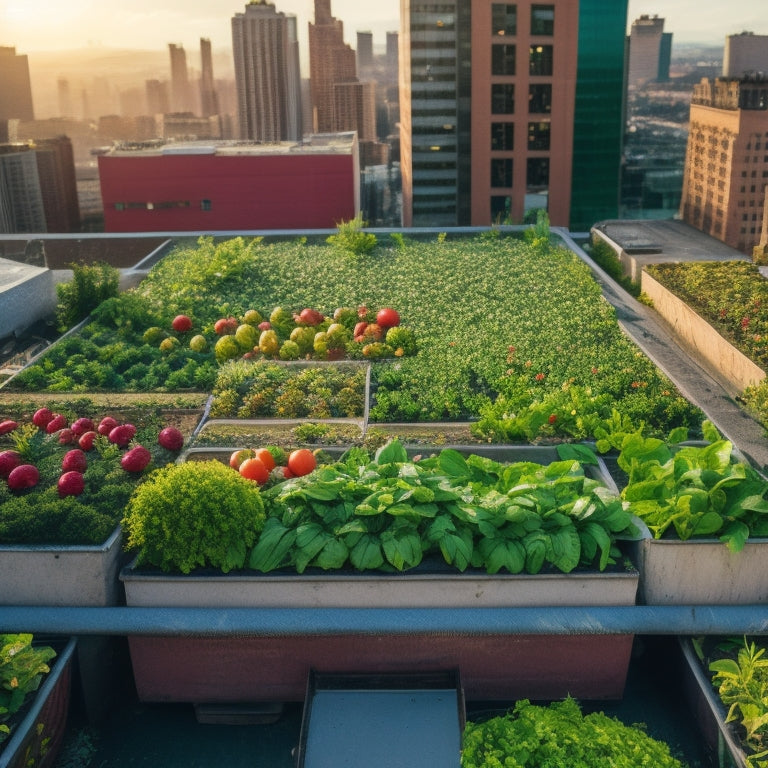 An aerial view of a lush rooftop vegetable garden with vibrant green leafy plants, ripe tomatoes, and colorful flowers, surrounded by wooden planters and a cityscape in the background.