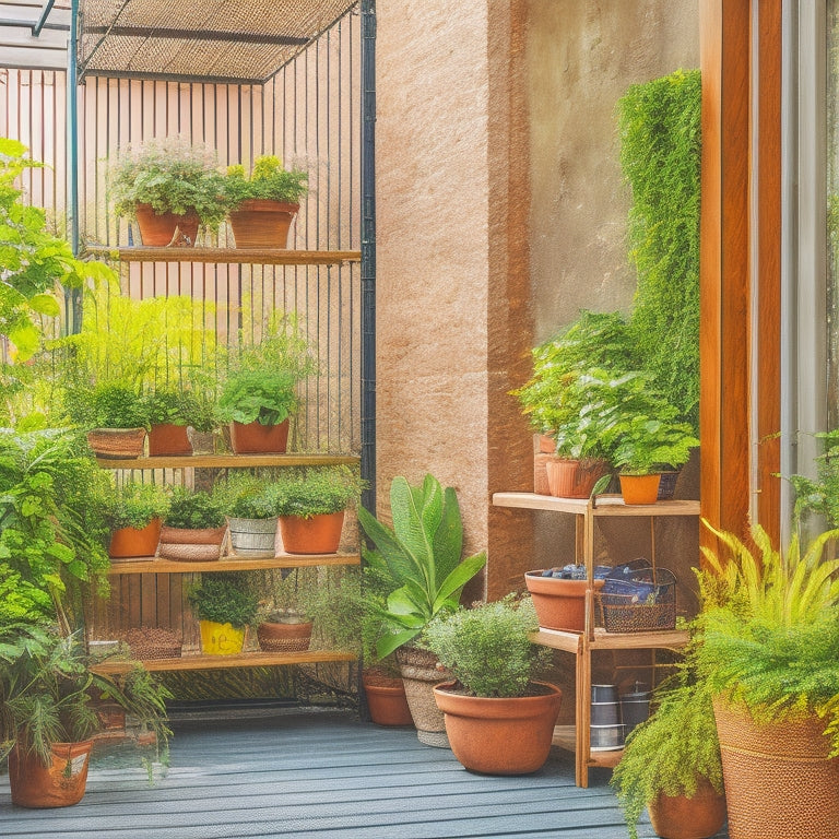 An image depicting a small, urban balcony transformed into a lush oasis with a DIY trellis made from repurposed wooden crates, vines crawling up a repainted metal ladder, and potted plants in recycled containers.