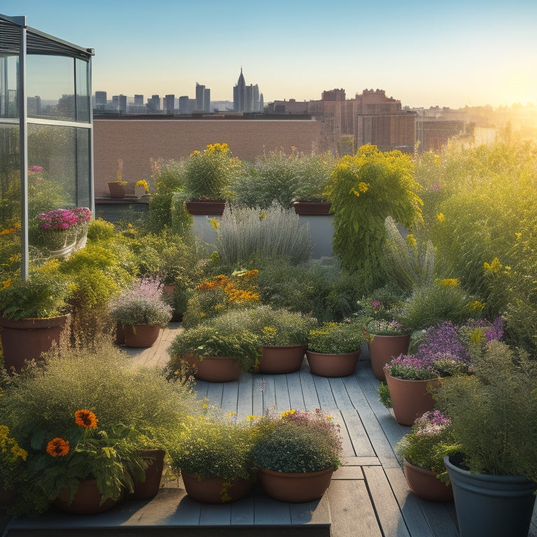 A vibrant rooftop garden scene with a mix of flowering plants like marigolds, nasturtiums, and sunflowers, surrounded by lush green herbs like basil, rosemary, and thyme, amidst wooden planters and a cityscape background.