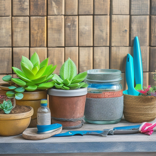 A colorful arrangement of DIY planter project essentials on a rustic wooden workbench, featuring a mason jar, twine, pruning shears, a small potted succulent, and a vintage gardening glove.