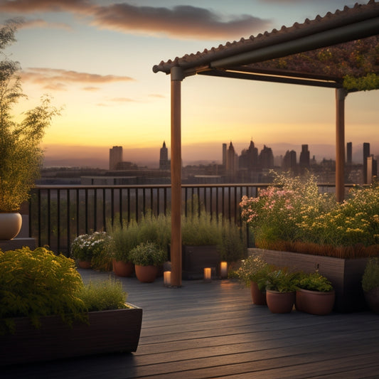 Illustrate a serene rooftop garden scene with a mix of rectangular and circular planters, trellises, and a wooden pergola, amidst a backdrop of a cityscape during a warm sunset.