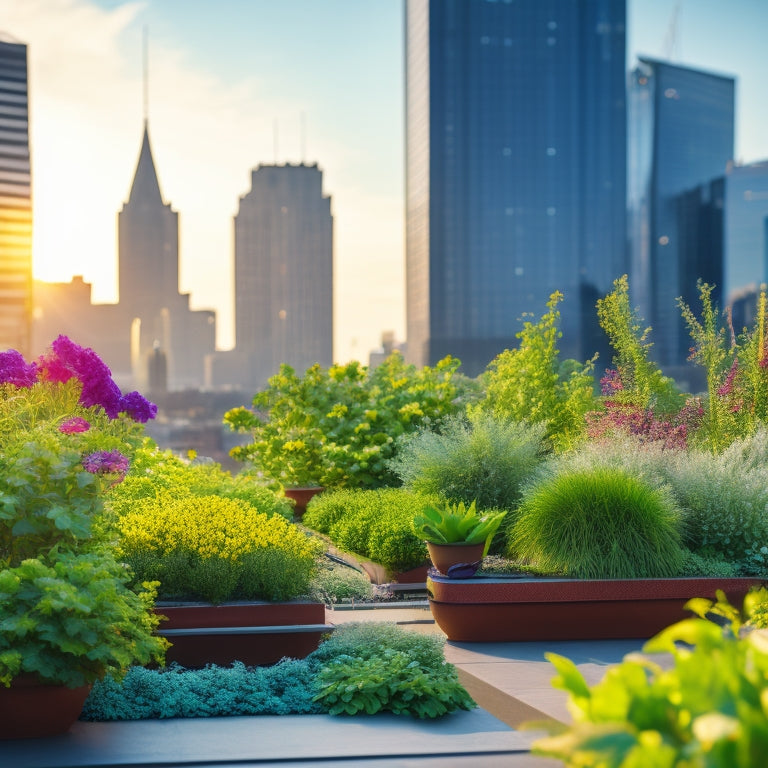 A serene rooftop garden with lush, vibrant greenery and colorful flowers thriving in hydroponic planters, surrounded by sleek, modern cityscape skyscrapers under a bright blue sky with fluffy white clouds.
