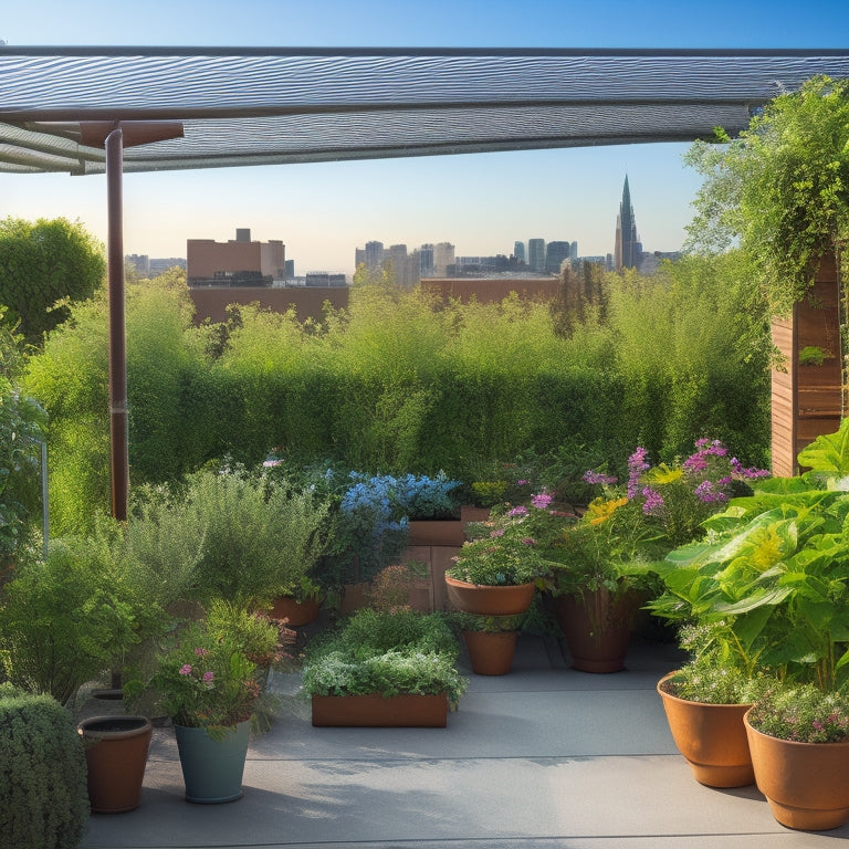 A serene rooftop garden with lush greenery, vibrant flowers, and thriving vegetables in planters and raised beds, surrounded by a wooden trellis, under a retractable shade sail.