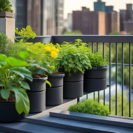 A tidy, petite urban balcony with three cinder block planters of varying sizes (small, medium, large) overflowing with lush greenery, surrounded by sleek cityscape in the background.