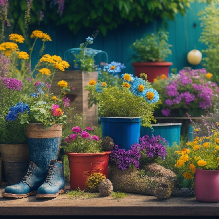 A colorful, whimsical illustration of a backyard with various DIY garden planters made from repurposed items like old boots, wooden crates, and mason jars, surrounded by lush greenery and vibrant flowers.