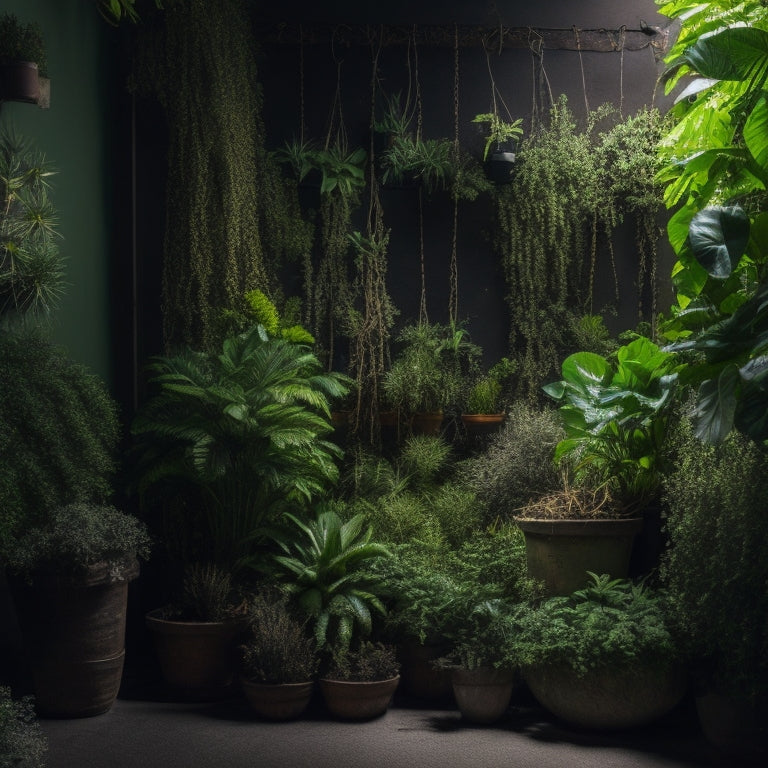 A cluttered, poorly lit DIY vertical garden with wilting plants, tangled wires, and unevenly spaced pockets, contrasted with a thriving, well-organized garden in the background.