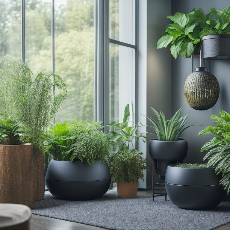 A serene indoor setting with a variety of lush green plants in modern planters, surrounded by sleek irrigation systems, including a self-watering planter, misting system, and a smart watering globe.