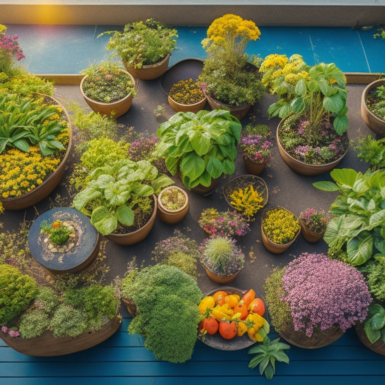 A vibrant, aerial view of a thriving rooftop garden, with a variety of colorful vegetables and flowers intermingled, surrounded by a rustic wooden planter and lush greenery overflowing from the edges.