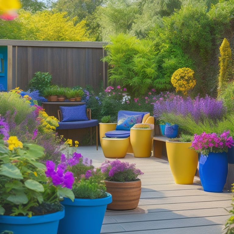 A vibrant, sun-drenched backyard with a small patio, featuring a mix of 5-7 sleek, modern vertical planters in varying heights, overflowing with a colorful array of flowers and lush greenery.