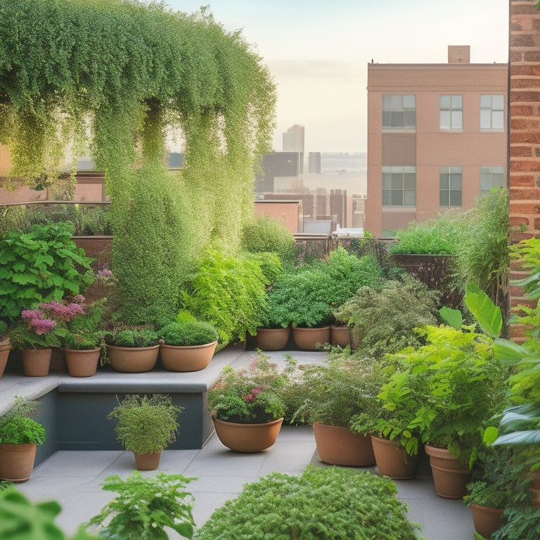 A lush, verdant rooftop garden with a mix of flowering plants, leafy greens, and vines, incorporating a trellis system, tiered planters, and a living wall with built-in irrigation.