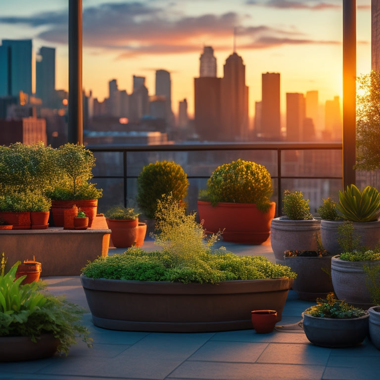 A serene rooftop garden with lush greenery, terracotta pots, and reclaimed wood planters, overlooking a bustling cityscape with skyscrapers and twinkling lights, set against a warm sunset backdrop.