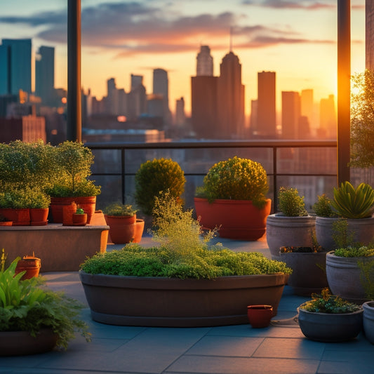 A serene rooftop garden with lush greenery, terracotta pots, and reclaimed wood planters, overlooking a bustling cityscape with skyscrapers and twinkling lights, set against a warm sunset backdrop.