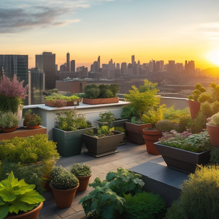 A vibrant, lush rooftop garden with tiered planters, showcasing a variety of urban garden plants, including leafy greens, flowering vines, and succulents, set against a cityscape backdrop at sunset.