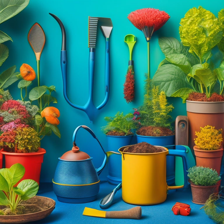A colorful, well-organized, and stylized illustration of various gardening tools, including a trowel, pruners, gloves, and a watering can, arranged around a few block planters filled with lush greenery.