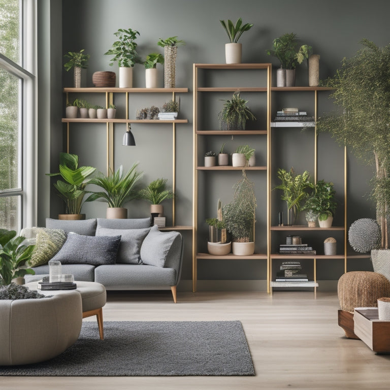 A serene, modern living room with a floor-to-ceiling vertical planter wall featuring lush green plants, wooden trellis, and small potted plants on shelves, surrounded by neutral-colored furniture.