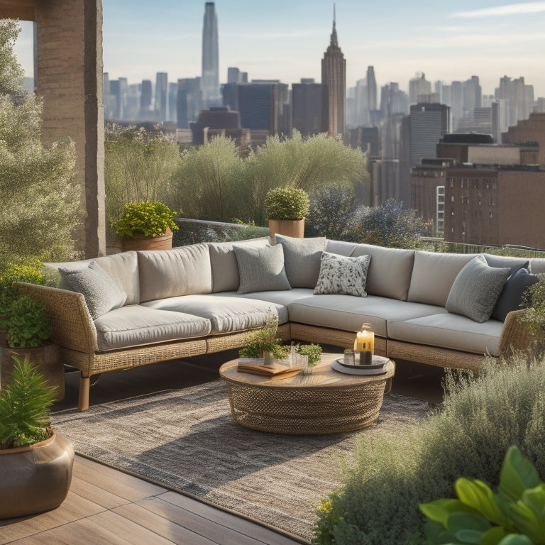 A serene rooftop oasis featuring a plush sectional sofa in a natural fabric, accompanied by a reclaimed wood coffee table, surrounded by lush greenery and vibrant blooming flowers, set against a cityscape backdrop.