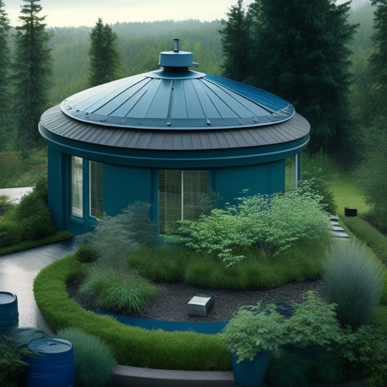 An illustration of a residential roof with a mixture of green roofs, solar panels, and varying shades of blue-gray waterproofing membranes, surrounded by lush vegetation and a rain chain draining into a rain barrel.