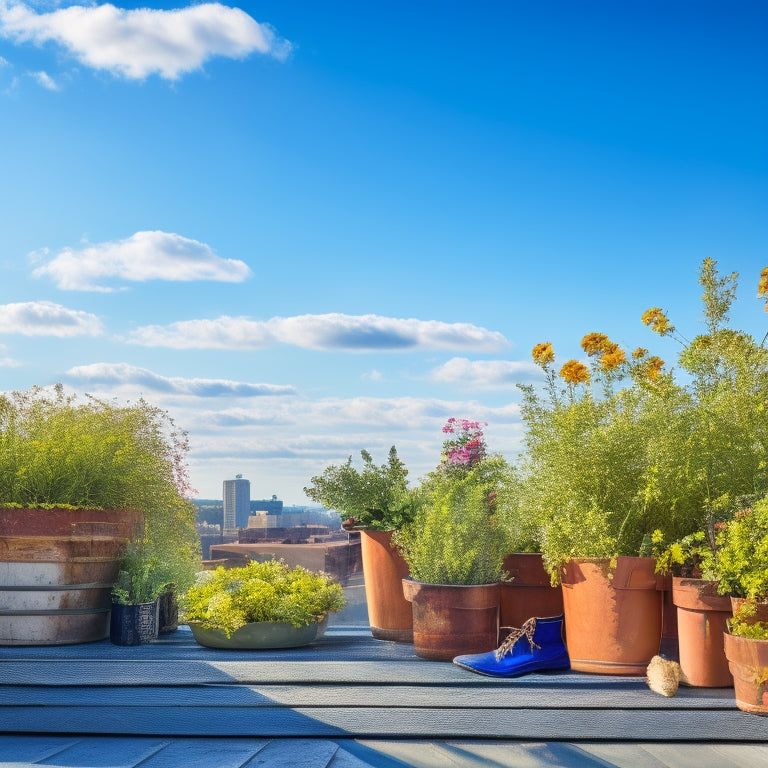 A serene rooftop scene with a mix of small, repurposed containers, like old boots and wooden crates, overflowing with lush greenery and vibrant flowers, against a clear blue sky with a few wispy clouds.