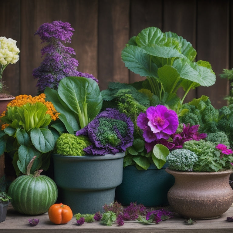 A vibrant, lush vegetable garden with varied leafy greens and colorful blooms overflowing from unique, handcrafted DIY concrete planters in varying shapes and sizes, set against a rustic wooden backdrop.