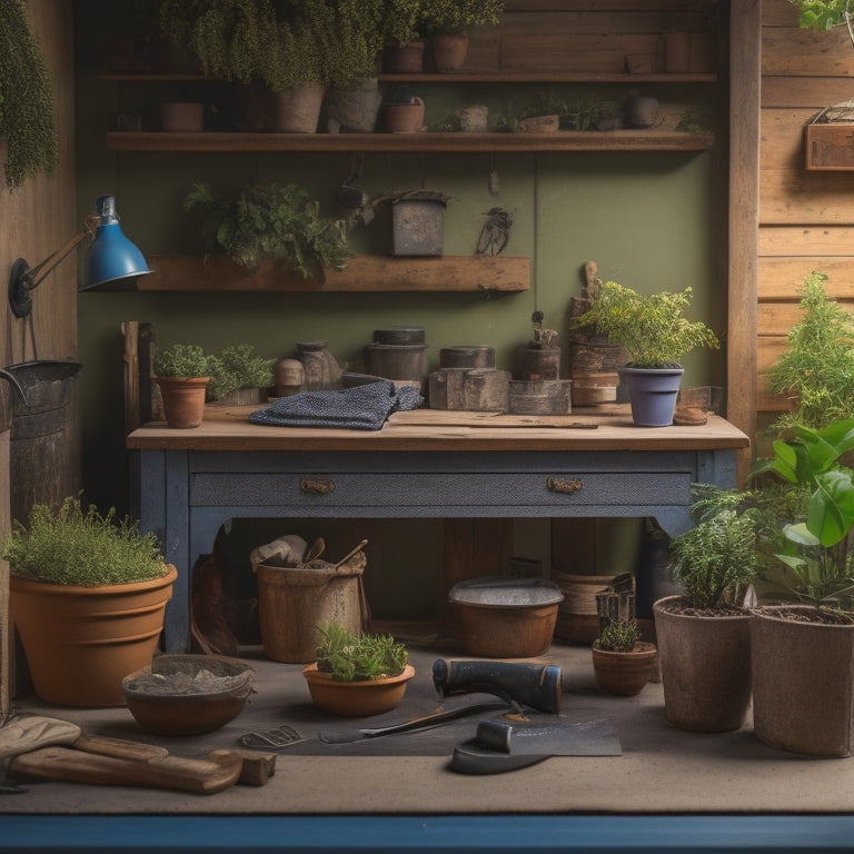 A clutter-free, well-lit workshop with a wooden workbench, surrounded by various planter tools and materials, including a terracotta pot, pruning shears, and a bag of potting soil.