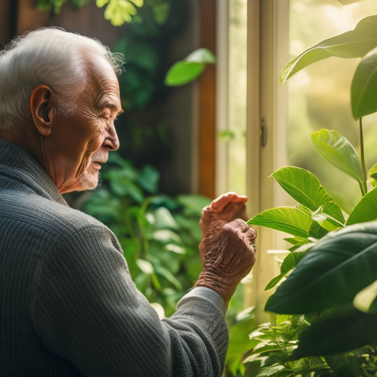 An older adult, surrounded by lush greenery, gently touches a leaf on a thriving vertical garden, with warm natural light streaming in through a nearby window, and a calm, serene atmosphere.