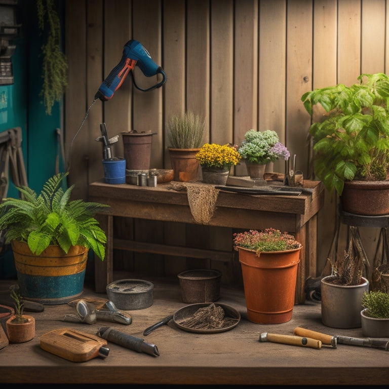 A wooden workbench cluttered with various planter construction tools, featuring a tape measure coiled around a rusty metal bucket, a cordless drill lying next to a pile of wooden planks, and a level propped against a half-built planter.