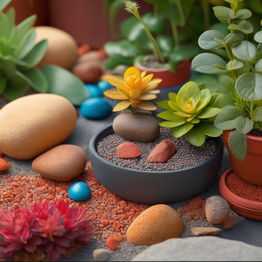 An illustration of a block planter with small rocks or pebbles at the bottom, a layer of potting mix, and a small potted plant, with water draining out of the planter's holes.