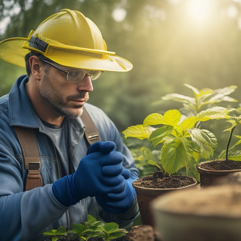 An image depicting a person wearing protective gear, including gloves, safety glasses, and a hat, carefully handling a potted plant with thorny branches, set against a sunny outdoor background with lush greenery.