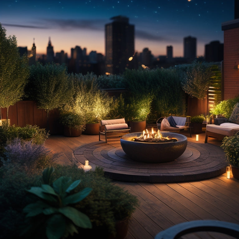 A serene rooftop garden scene at dusk, with a small, circular fire pit surrounded by lush greenery, comfortable outdoor seating, and twinkling string lights under a starry night sky.