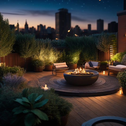 A serene rooftop garden scene at dusk, with a small, circular fire pit surrounded by lush greenery, comfortable outdoor seating, and twinkling string lights under a starry night sky.