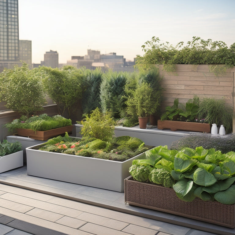 A serene rooftop garden scene with lush green vegetables and herbs thriving in modern, sleek, and white mold-resistant planters with built-in drainage systems and subtle trellis details.