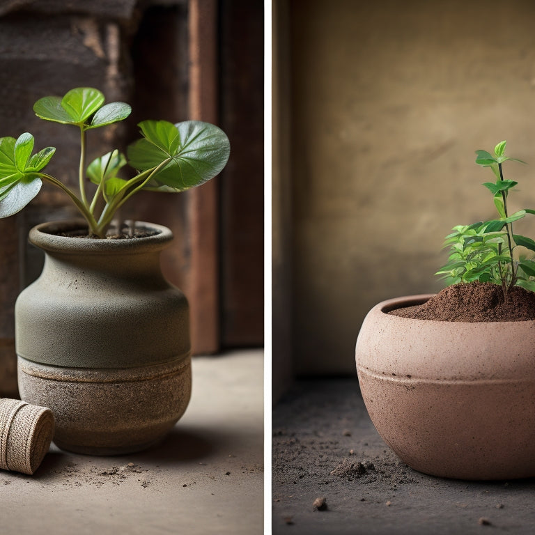A cracked concrete planter with a broken terra cotta pot and scattered soil, next to a sturdy, well-proportioned planter with a thriving green plant, on a rustic wooden table.