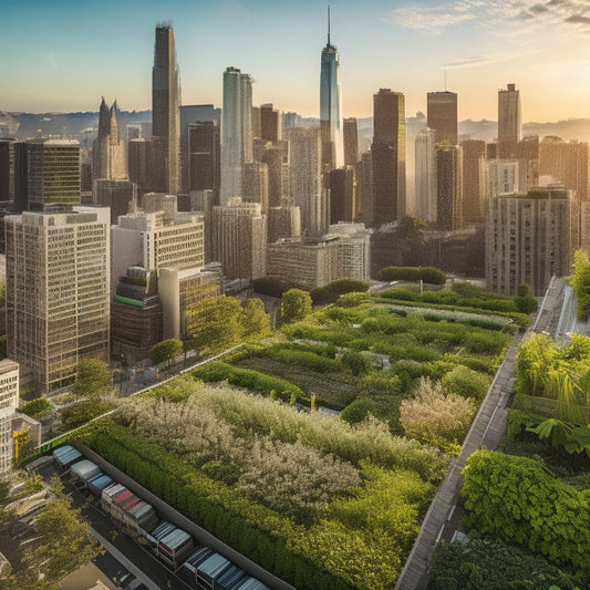 Aerial view of a bustling cityscape with a sleek, modern rooftop garden featuring a hydroponic trellis system, lush green vines, and vibrant flowers, amidst a backdrop of skyscrapers and urban landscape.