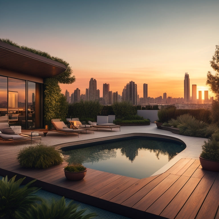 A serene rooftop oasis with lush greenery, curved lines, and sleek modern architecture, featuring a rooftop pool, wooden decking, and a cityscape background with a warm sunset glow.