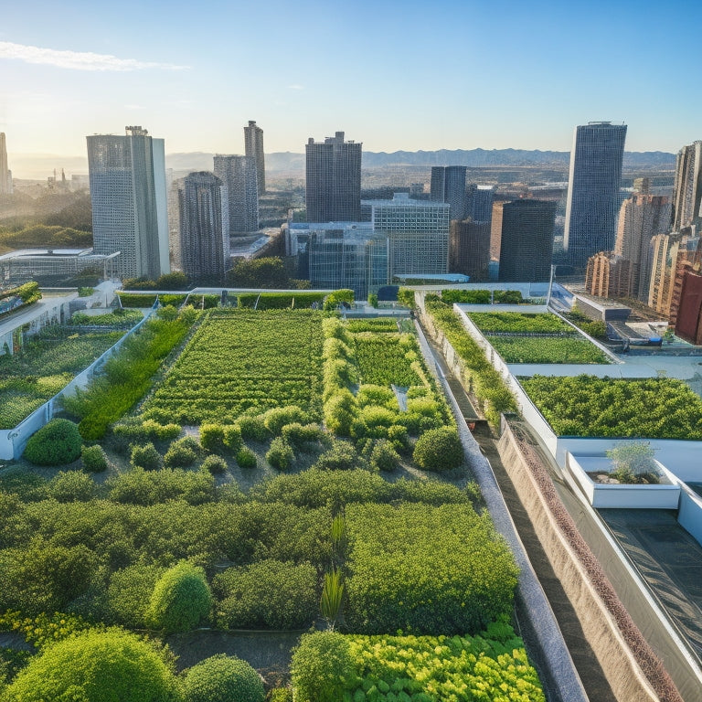 Aerial view of a lush, thriving rooftop hydroponic garden with varied vegetable beds, trellises, and planters, surrounded by sleek, modern cityscape and a few puffy white clouds in the blue sky.