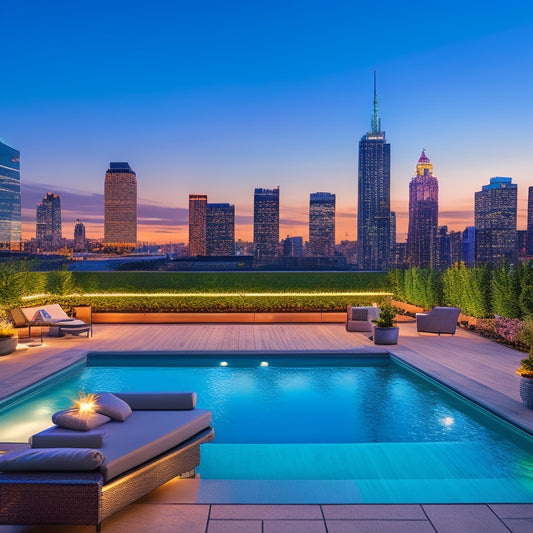 A serene rooftop oasis at dusk, featuring a sleek, infinity-edge pool, surrounded by plush lounge chairs, lush greenery, and a modern pergola with string lights, set against a vibrant city skyline.