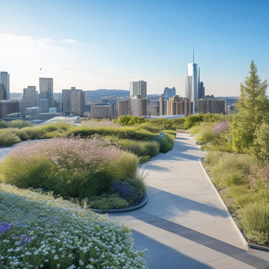 A serene, modern rooftop garden with lush greenery, vibrant wildflowers, and a meandering stone path, set against a clear blue sky with a few wispy clouds, overlooking a bustling cityscape.