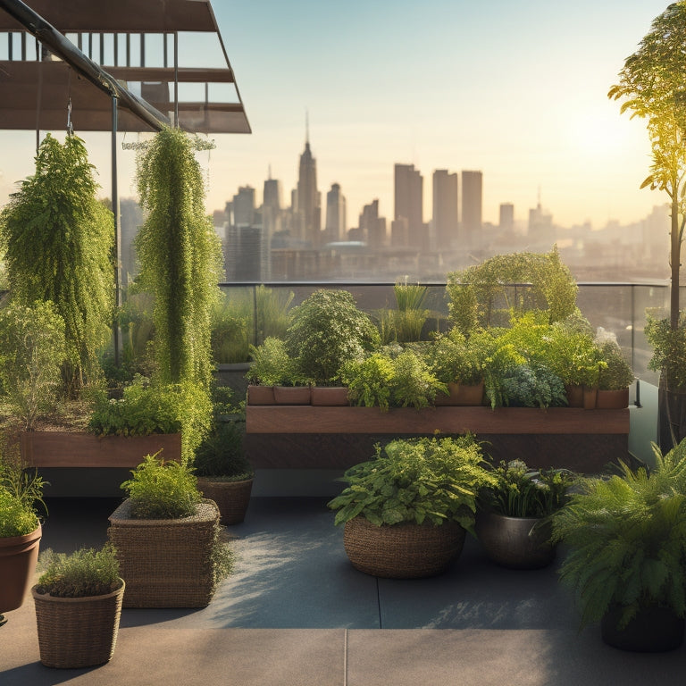 A serene urban rooftop scene with a lush, thriving hydroponic garden, featuring a trellis with climbing plants, a vertical grow wall, and a DIY irrigation system, set against a sunny cityscape backdrop.