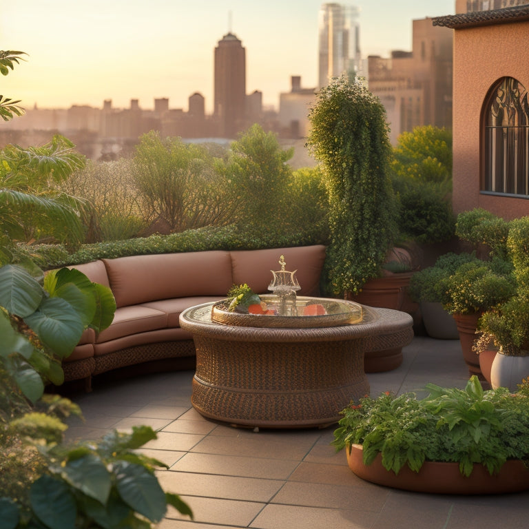 A serene rooftop scene featuring a curved, built-in bench amidst lush greenery, with potted plants, a small fountain, and a trellis, set against a warm, golden-hour cityscape backdrop.