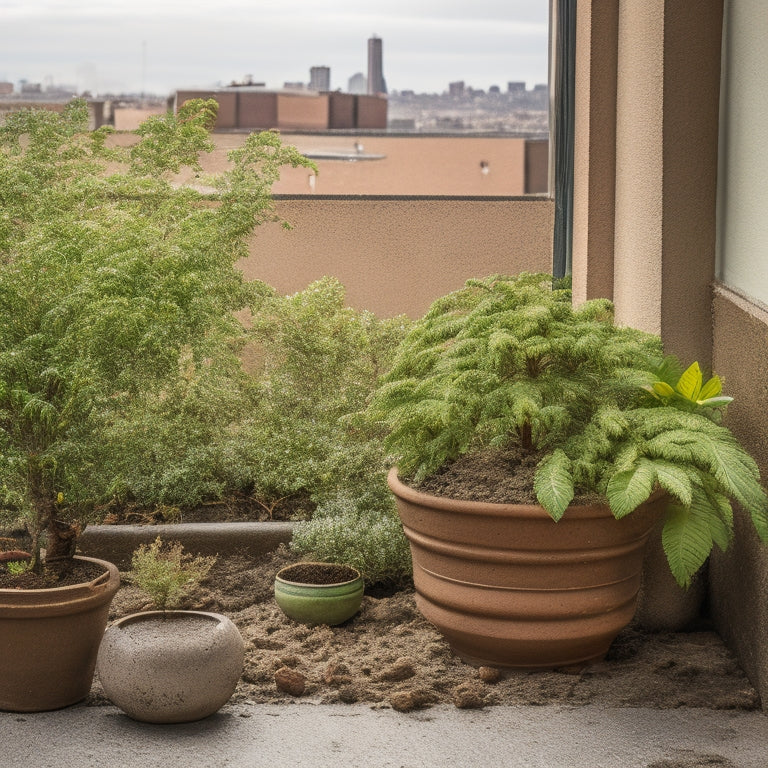 A withered, brown potted plant sits on a small, cluttered balcony with broken terra cotta pots, tangled dead vines, and a faded, rusty patio set, set against a dull gray cityscape background.