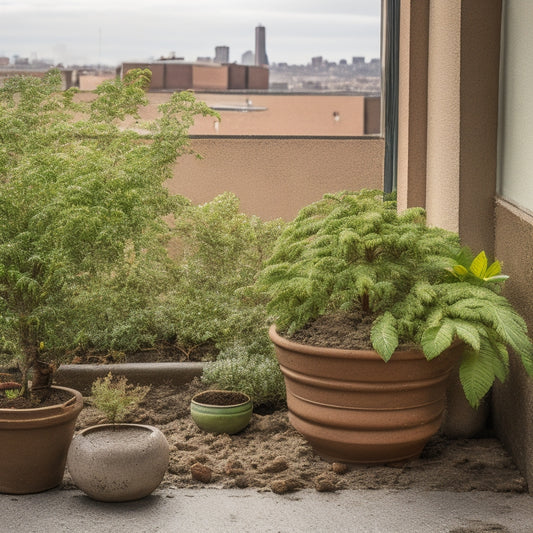 A withered, brown potted plant sits on a small, cluttered balcony with broken terra cotta pots, tangled dead vines, and a faded, rusty patio set, set against a dull gray cityscape background.