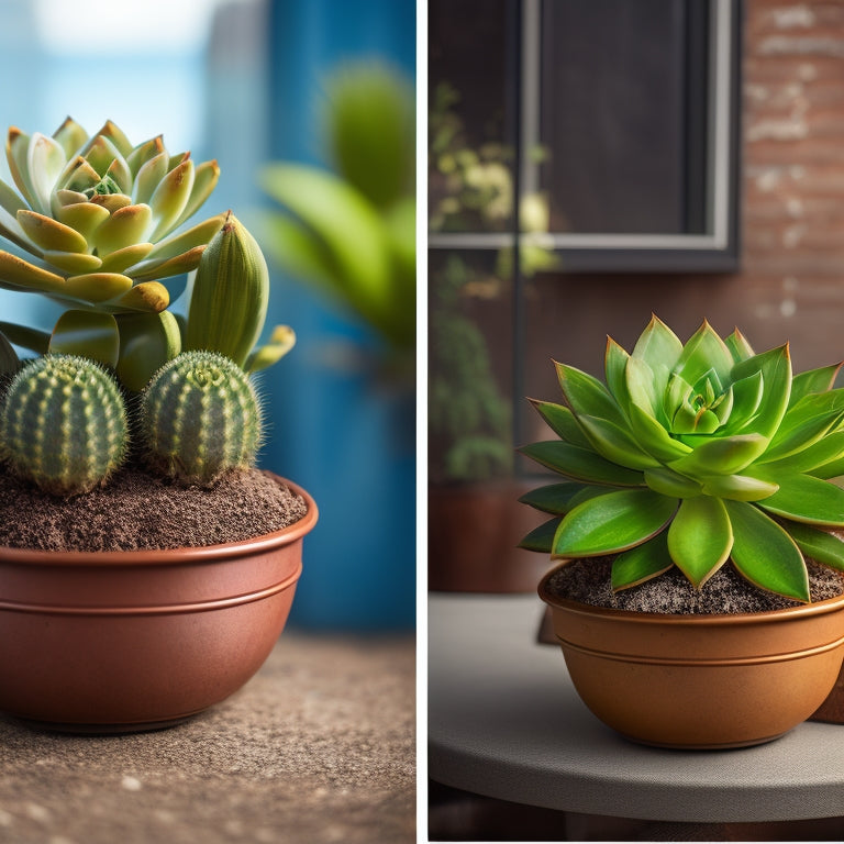 A split-screen illustration featuring a small, cramped succulent in a too-small planter on the left, and a thriving, well-proportioned plant in a correctly sized planter on the right.