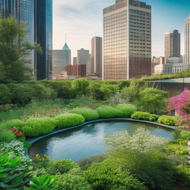 A serene rooftop garden with lush greenery, vibrant flowers, and a small pond, surrounded by sleek city skyscrapers, with people relaxation and exercising in the peaceful oasis.
